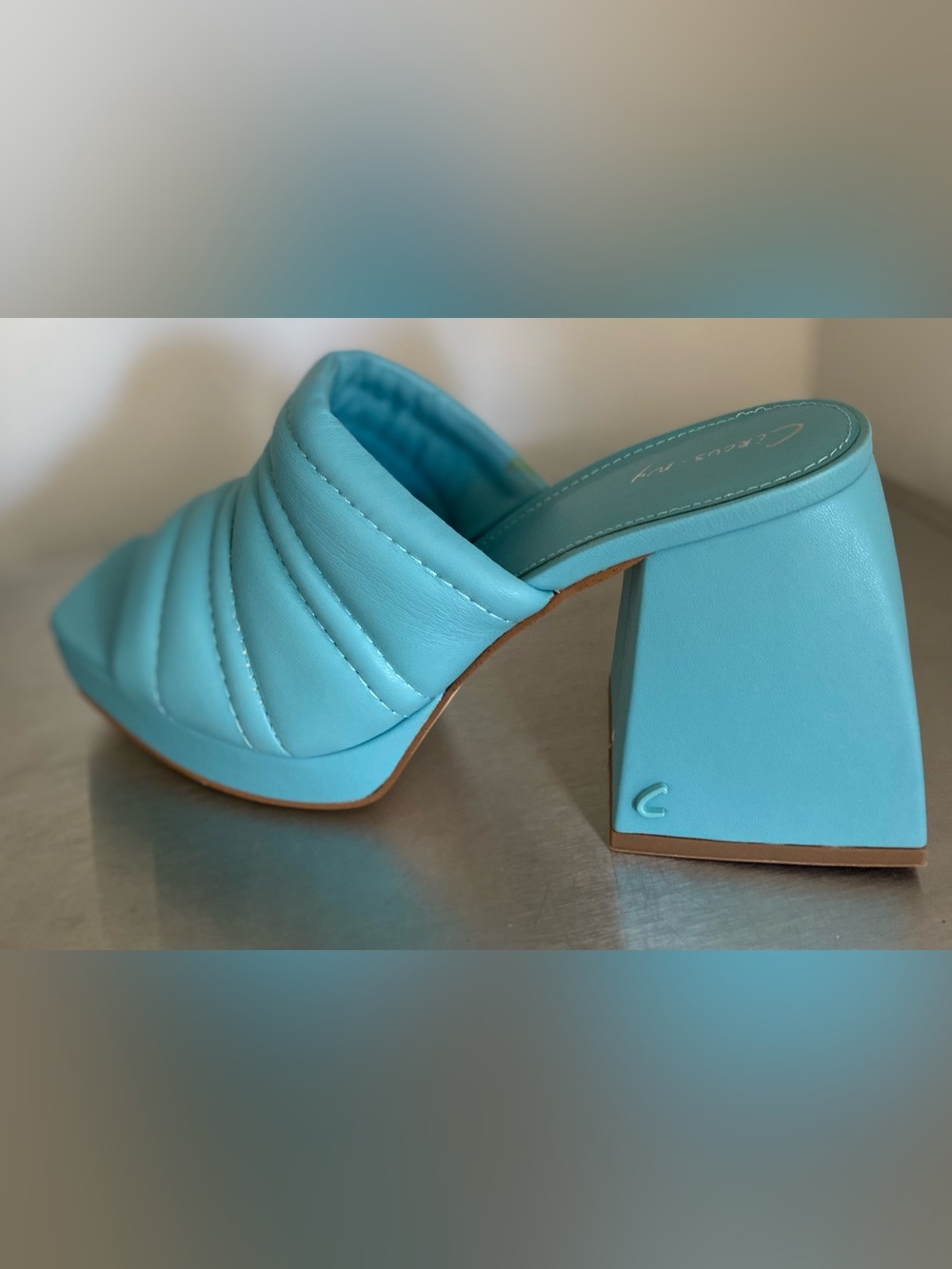 NEW CIRCUS SAM EDELMAN QUILTED BABY BLUE BLOCK HEEL MULES